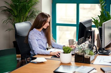 Mavi gömlekli modern ofis çalışma çekici genç kadın mimar.