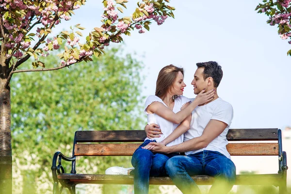 Par kramar nära sakura träd i blommande trädgård. Par i kärlek tillbringa tid i vårträdgård, blommor på bakgrund, på nära håll. Passion och kärlek koncept. — Stockfoto