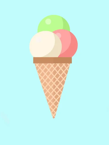 Pyszne kolorowe lody w wafel stożek izolowane na niebieskim tle. Ilustracja do projektowania stron internetowych lub druku — Zdjęcie stockowe