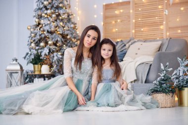 Çekici bir anne ve hoş bir gece elbisesi içindeki tatlı kızı rahat bir odada Noel ağacının yanında oturuyorlar. İyi kış tatilleri..