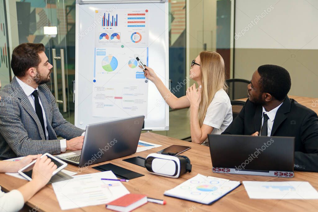 Business meeting. Business people in formalwear discussing something while sitting together at the table