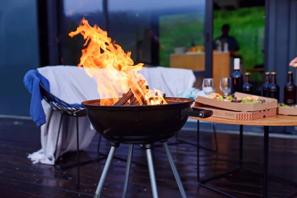 Bbq grill flame, hot burning grill outdoors cooking food. Grill burning fire for barbecue cooking outdoors.