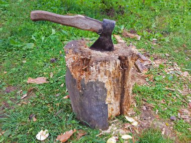 Arka planda yeşil çim kesme blok axe