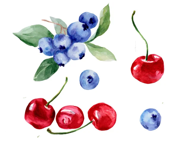 Watercolor Drawing Blueberries Cherries White Background Healthy Eating Vegetarian Food — Stock Photo, Image