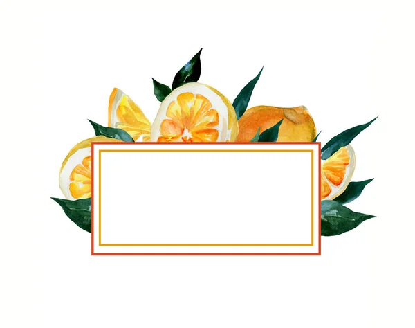 白い背景にレモンの水彩画 デザインのためのフレーム 健康的な食事 ベジタリアンフード テキストのためのフリースペース — ストック写真