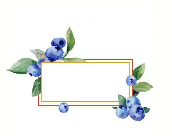frame for decoration. Blueberry watercolor on white background. Healthy eating. Vegetarian food. Free space for text.