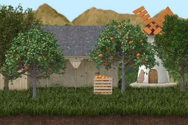 Tarım Konsepti 3D. Turuncu ağaçlar, yel değirmeni ve dağ zemininde yeşil çimenler..