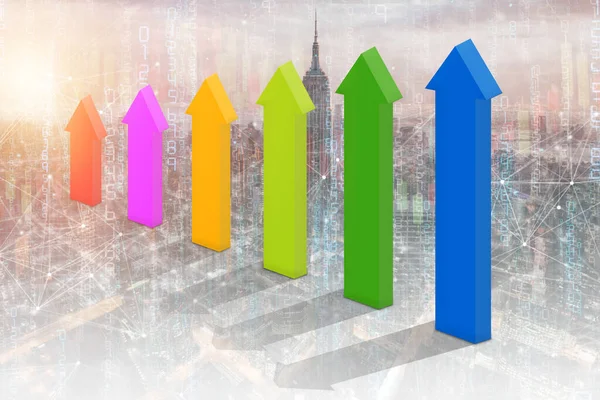 3D illustration composing with business building and stock chart.Symbol arrow up,with stock graph background,concept business and investment,Stock market and the strategy for making market plan.