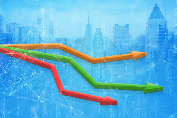 3D illustration composing with business building and stock chart.Symbol arrow up,with stock graph background,concept business and investment,Stock market and the strategy for making market plan.
