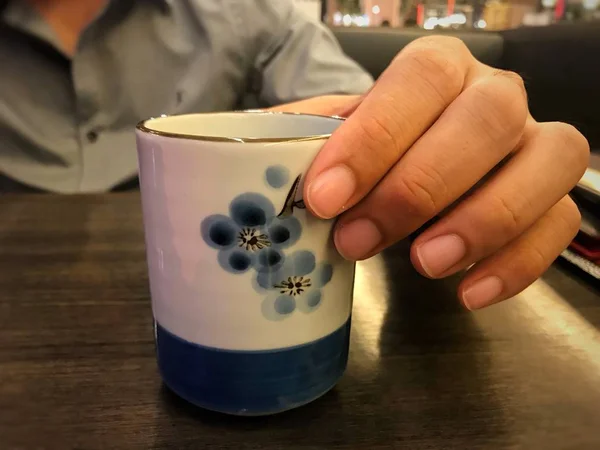 Close Man Holds Hot Green Tea Ceramic Mug Drinking Japanese — Stock Photo, Image