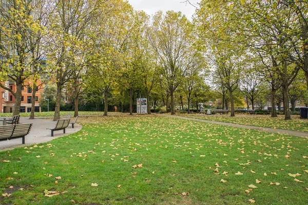 Grüner Rasen Öffentlichen Park Von London Mit Bank Und Hohen — Stockfoto