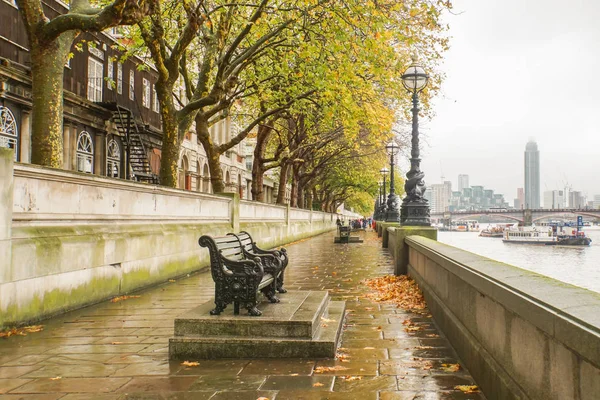 Londra Ngiltere Kasım 2017 Thames Nehri Manzaralı Park Tezgah — Stok fotoğraf