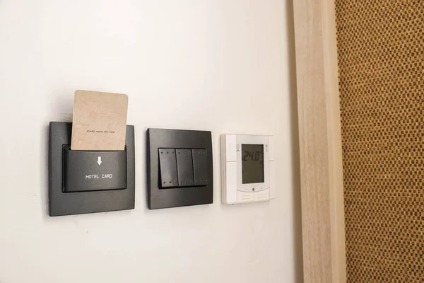 Close Hotel Key Card Insert Lighting Main Switch Temperature Setting — 스톡 사진