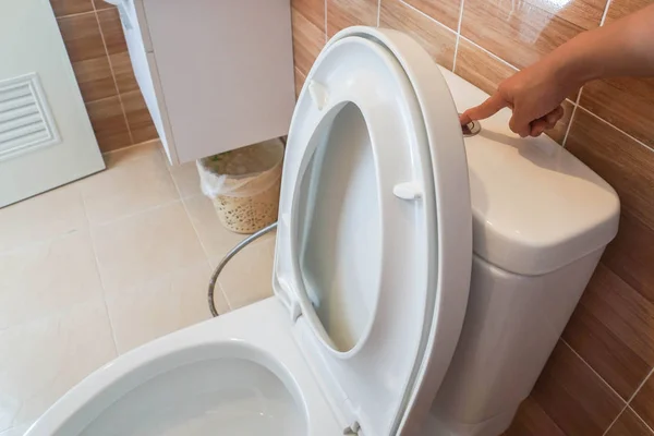 Close Woman Flush Toilet Bowl Hygiene — Stock Photo, Image