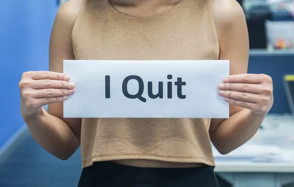 Businesswoman Hold Quit Resignation Letter Both Hands Office — Stock Photo, Image