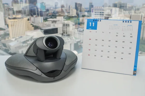 Telefone Voip Para Reunião Chamada Conferência Novembro Com Calendário — Fotografia de Stock