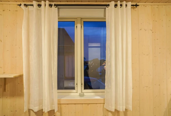 Neat Curtains Window Vintage Wooden House — Stock Photo, Image