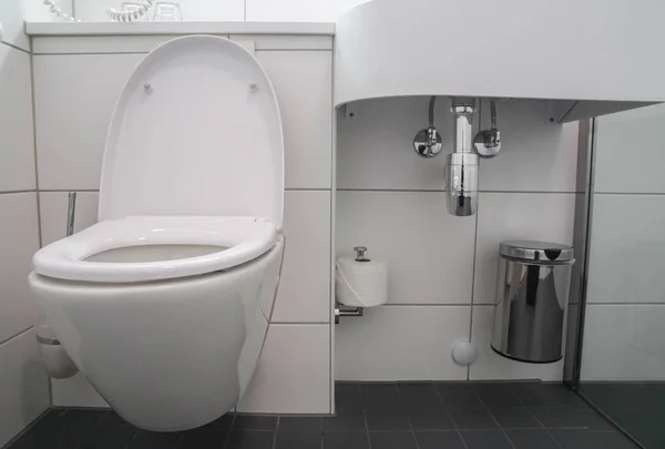 现代浴室内部的白色陶瓷马桶和洗脸盆水槽与不锈钢垃圾桶 — 图库照片