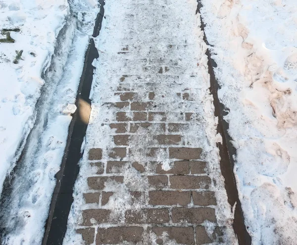 Close White Snowy Concrete Outdoor Walkway Winter — Stock Photo, Image
