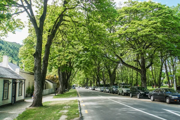 Arrowtown / Yeni Zelanda: 5 Aralık 2018: İlkbaharda ağaçlarla açık otopark