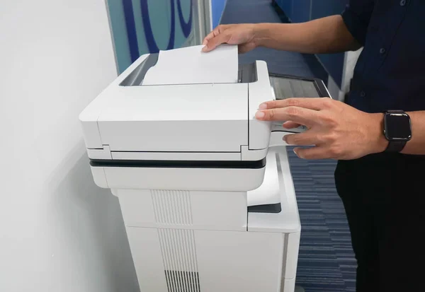 Close Businessman Put Original Paper Multifunctional Printer Copying Workplace — Stock Photo, Image