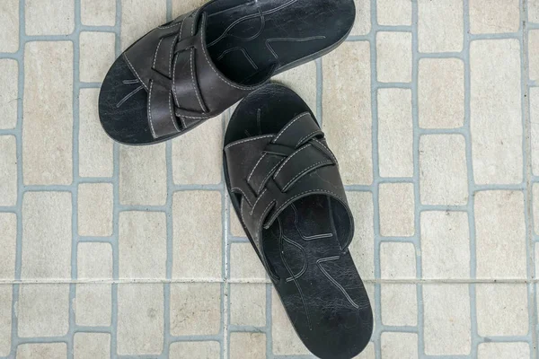 Plano Lay Negro Zapatos Zapatillas Cuero Los Hombres — Foto de Stock