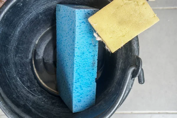Close Sponges Plastic Bucket Washing Car — Stock Photo, Image