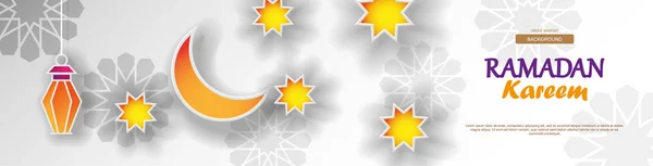 Ramadán Kareem concepto bandera horizontal con patrones geométricos islámicos. Flores cortadas en papel, farolillos tradicionales, luna y estrellas. Ilustración vectorial . — Archivo Imágenes Vectoriales