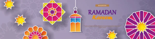 Bannière horizontale concept Ramadan Kareem avec motifs géométriques islamiques. Fleurs coupées en papier, lanternes traditionnelles, lune et étoiles. Illustration vectorielle . — Image vectorielle
