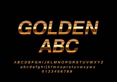 Vektör parlak işareti altın Abc. Şık altın alfabesi harfleri, sayıları ve sembolleri döndürülmüş.