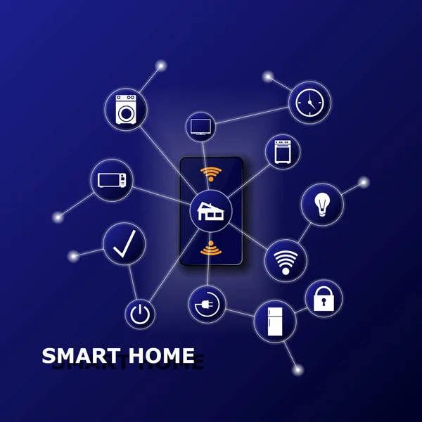 Smartphone akıllı ev kontrol. Internet şeyler teknoloji ev otomasyon sistemi. Perde hareket eden telefon ve simgeler ev elektroniği aygıtlarla kablosuz bağlantılar üzerinde küçük ev. çok