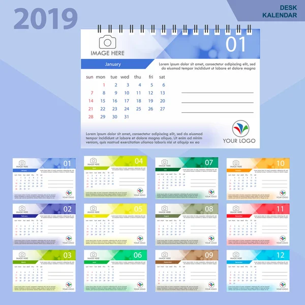 Masa Takvimi 2019. Beyaz arka plan basit renkli gradyan en az zarif Resepsiyon takvim şablonu.