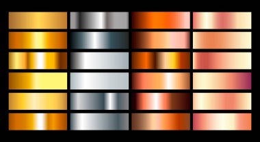 Altın gül, bronz, gümüş ve altın folyo doku geçiş arka plan ayarlamak. Vektör altın zarif, parlak ve metalik krom kenarlık, çerçeve, şerit, etiket tasarımı için degrade toplama