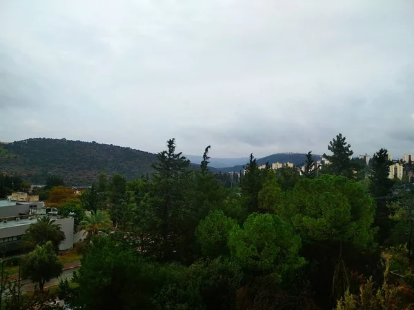 Rainy Sky Grey Green Clouds Background Mountains Hills Desktop — Stock Photo, Image