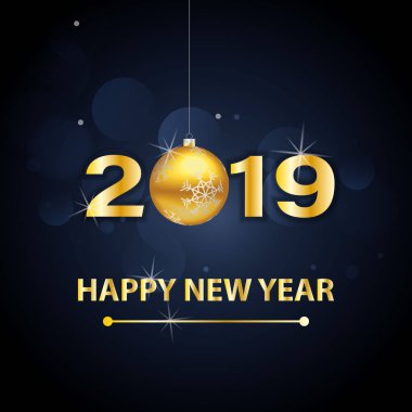 Mutlu yeni yıl 2019 metin tasarım. Golden numaraları ve kar taneleri ile illüstrasyon koyu mavi bir arka plan üzerinde tebrik vektör.