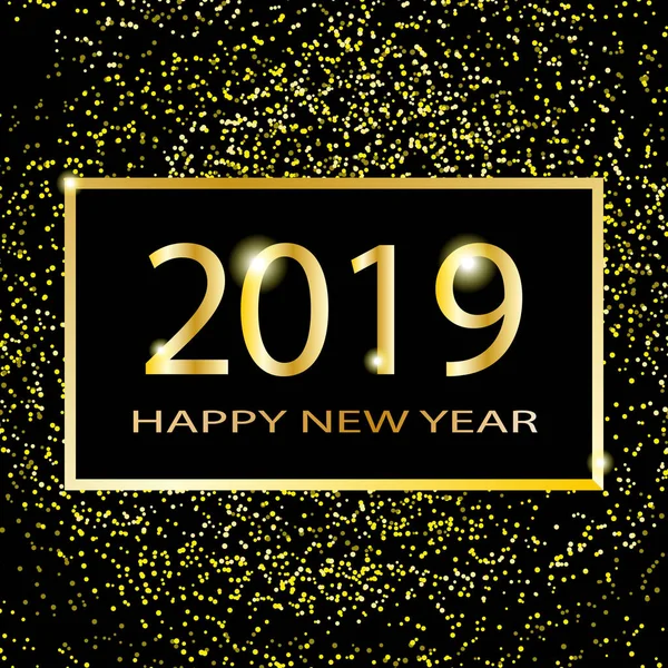 Feliz Año Nuevo 2019 diseño de texto. Ilustración de saludo vectorial con números dorados y destellos sobre un fondo oscuro . — Vector de stock