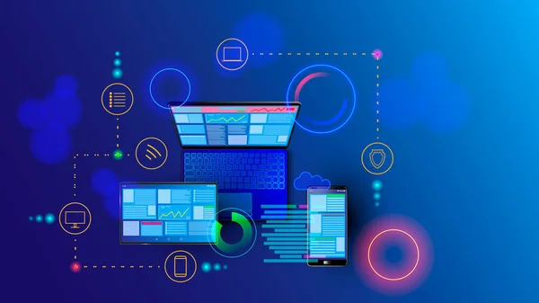 Criação de site de internet responsivo para várias plataformas. Construindo interface móvel na tela do laptop, tablet, smartphone. Conteúdo de layout em dispositivos de exibição. Bandeira conceitual da tecnologia web . —  Vetores de Stock