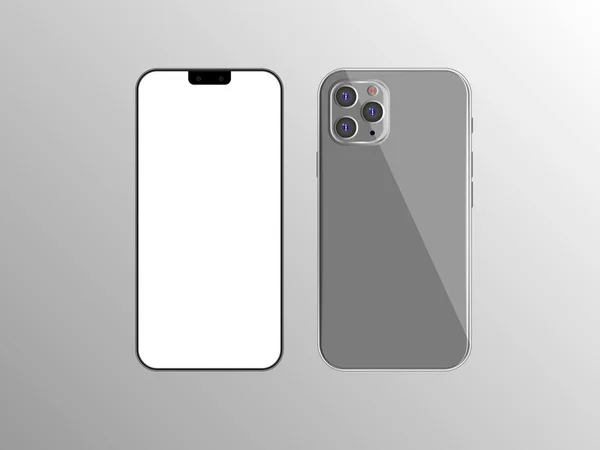 Nieuwe iPhone 11 vector platte grafische illustratie. Smartphone mock up frameloze leeg scherm geïsoleerd op de achtergrond. Voorkant en kleurrijke achterzijde. Concept voor app, Web, presentatie — Stockvector