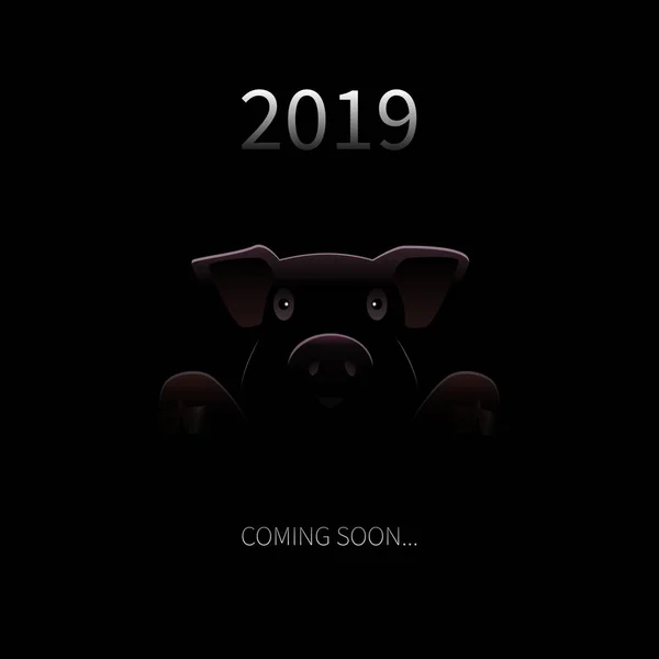 2019 yeni yıl arka plan yakında. Domuz siluet ve Darknes metin ile vektör tebrik kartı. Yeni yıl için komik Festival arka plan. Vektör yaratıcı çizim.