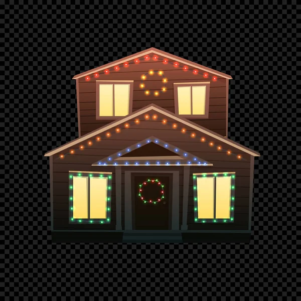 Vektör Noel ev karanlık şeffaf arka plan üzerinde izole. Parlak Xmas ile şenlikli ev farklı renklerde ışıklar. Küçük bina karikatür çizimi.