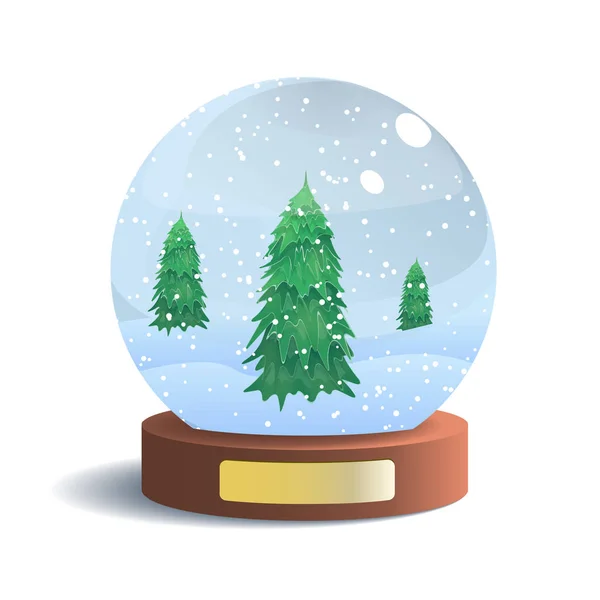 Векторный снежный глобус с нагрудным знаком на белом фоне. Векторная инсталляция "Стекло вращается с тенью". Резиновый шар со снегом и елями внутри . — стоковый вектор