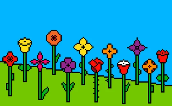 Verde pixel grama fundo com flores — Vetor de Stock