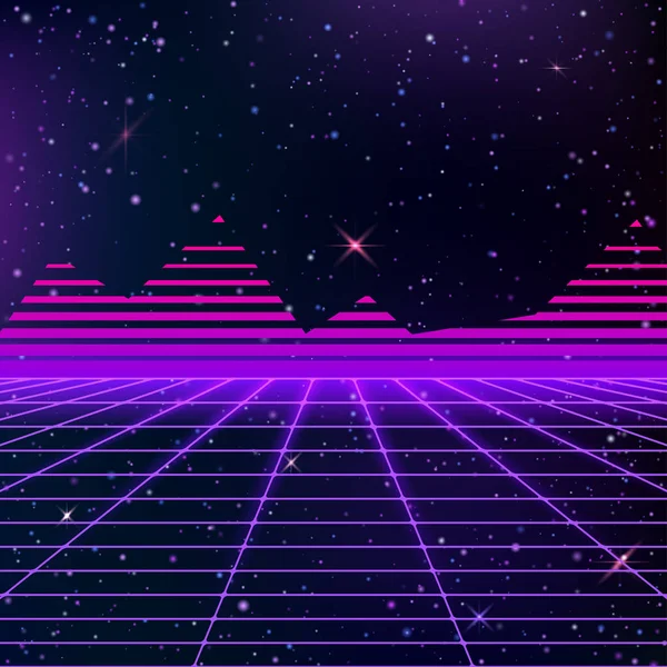 Hintergrund mit Neongittern und Sternenhimmel und Pyramiden — Stockvektor