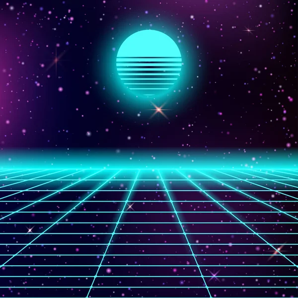 80s stil abstrakt med Neon Grids och stjärnhimmel — Stock vektor