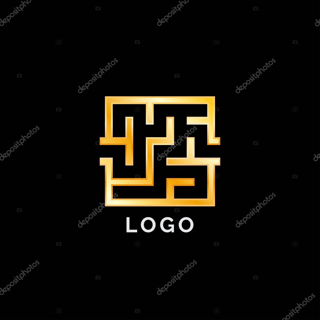 Golden luxury square maze logo isolated on black background. Abstract riddle logotype.  Vector illustration for your graphic design.