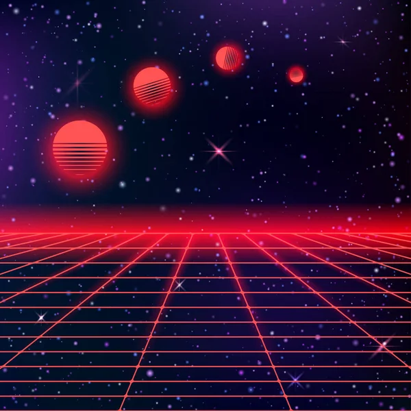 Abstrakter 80er-Jahre-Hintergrund mit Neonrastern und Sternenhimmel und Mond — Stockvektor