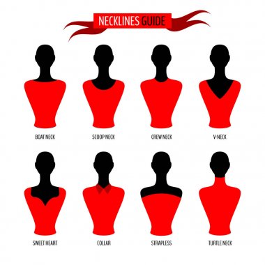 Kadın mankenler üzerinde çeşitli boyun çizgileri seti 