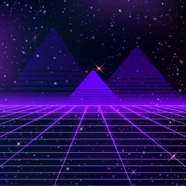 Neon ızgaraları ve yıldızlı gökyüzü ve piramitler ile Arka Plan