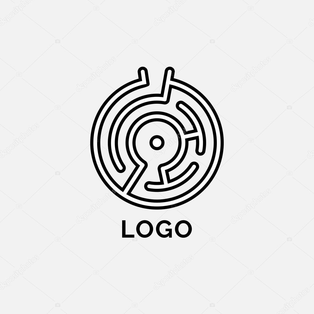 Round maze logo isolated on white background. Abstract riddle logotype.  Vector illustration for your graphic design.