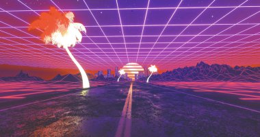 Ufukta gün batımı, şehrin retro dalga duvar kağıdı 4k 3d görüntüleme.